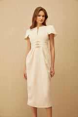 Antoinette Neutral Floral Jacquard Bowknot Midi Dress