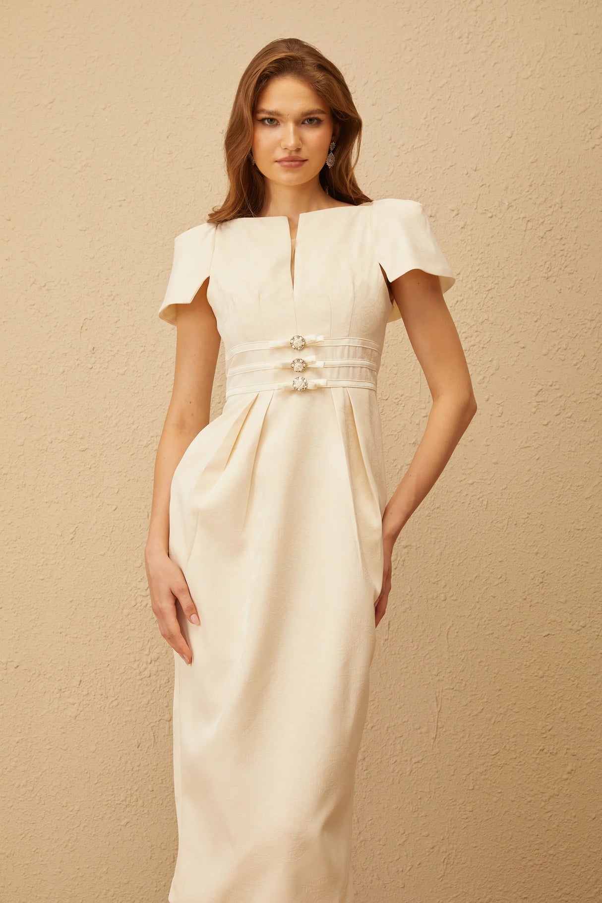 Antoinette Neutral Floral Jacquard Bowknot Midi Dress
