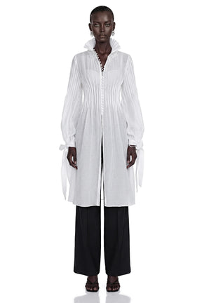 Antonella White Puff Sleeve Midi Dress with Ruffled Neckline