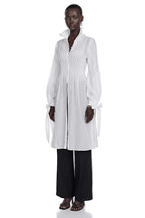 Antonella White Puff Sleeve Midi Dress with Ruffled Neckline
