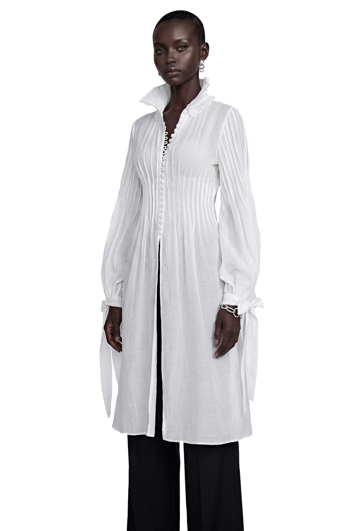 Antonella White Puff Sleeve Midi Dress with Ruffled Neckline