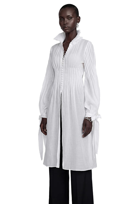 Antonella White Puff Sleeve Midi Dress with Ruffled Neckline