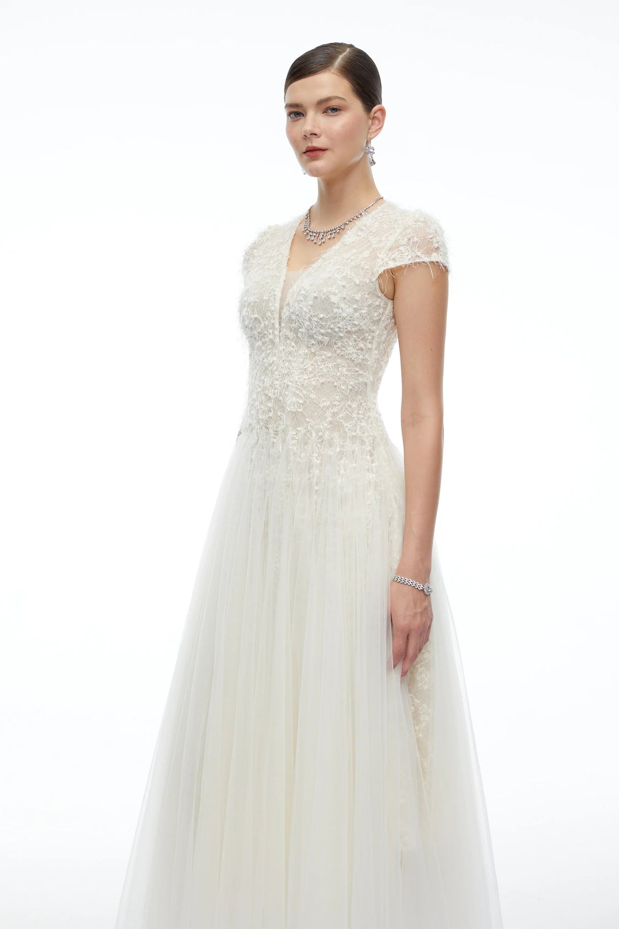 Antonia White Plunge Neck Midi Dress with Cap Sleeves