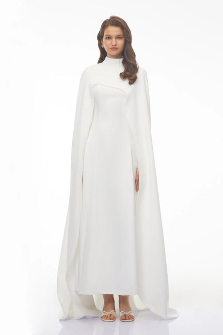 Antonina White Cape Maxi Gown with Long Sleeves