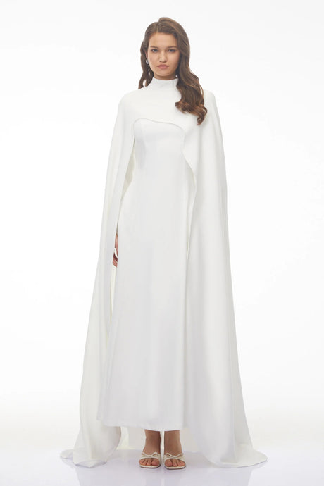 Antonina White Cape Maxi Gown with Long Sleeves