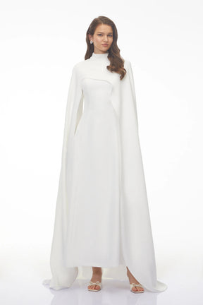 Antonina White Cape Maxi Gown with Long Sleeves