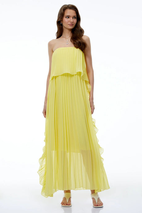Aoi Yellow Off Shoulder Ruffled Pleated Maxi Dress