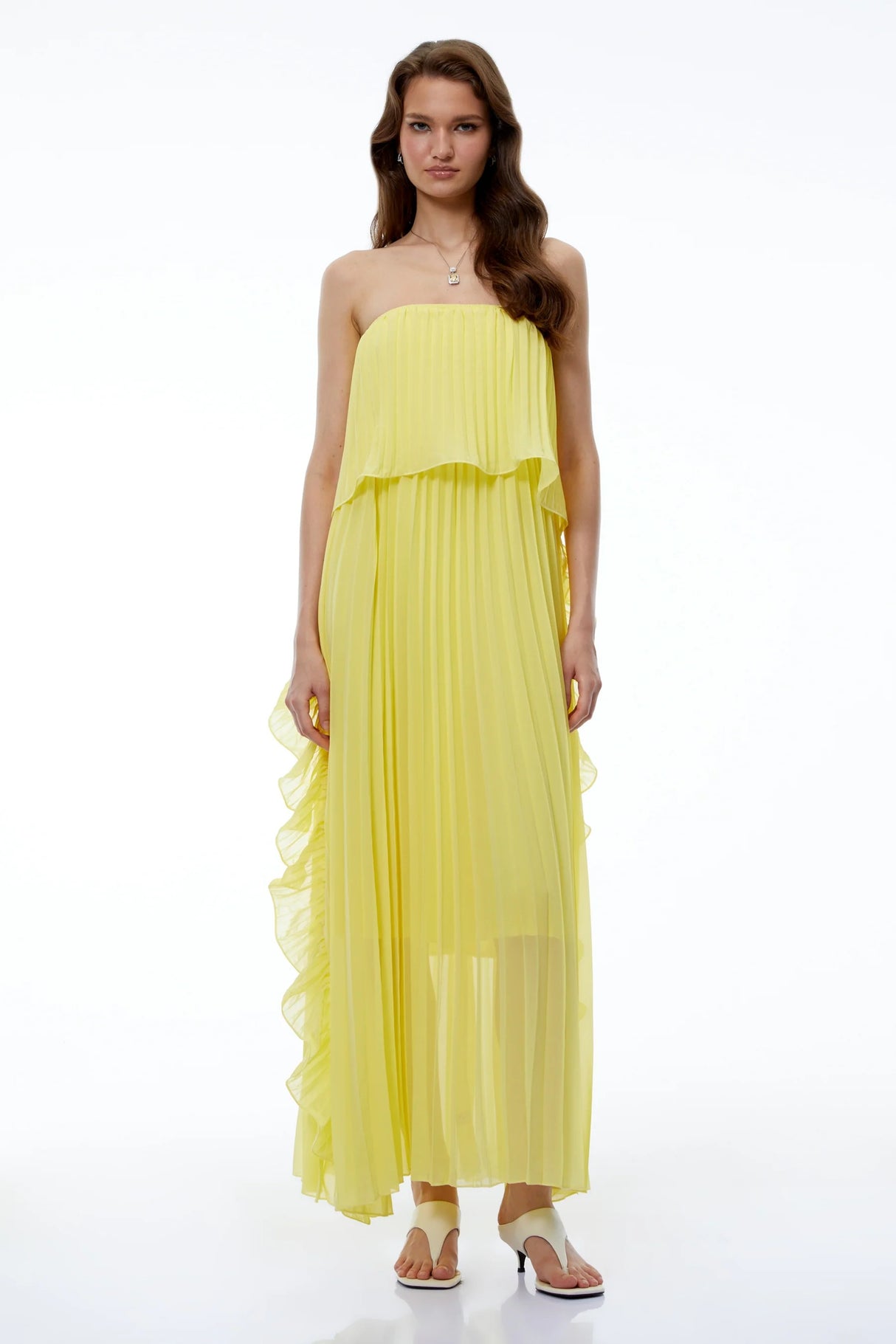Aoi Yellow Off Shoulder Ruffled Pleated Maxi Dress