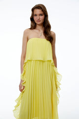 Aoi Yellow Off Shoulder Ruffled Pleated Maxi Dress