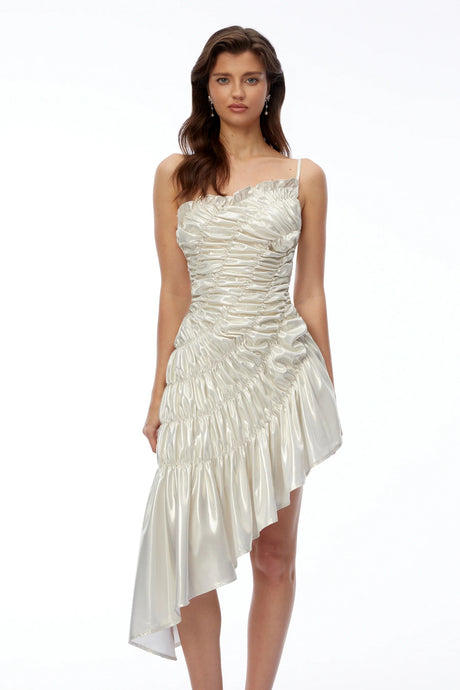 Aoife White Asymmetrical Ruched Mini Dress