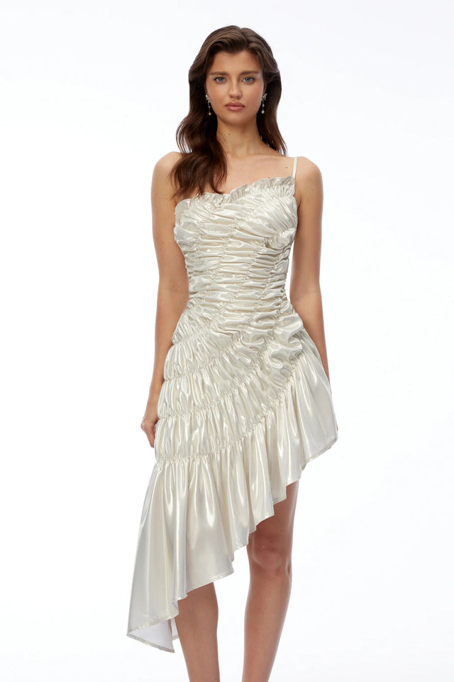 Aoife White Asymmetrical Ruched Mini Dress