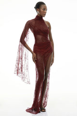 Arabella Burgundy High Neck Lace Maxi Dress