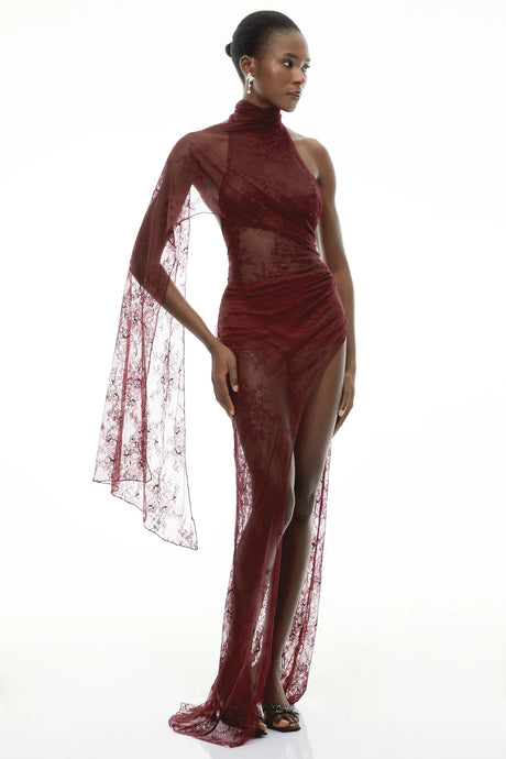 Arabella Burgundy High Neck Lace Maxi Dress