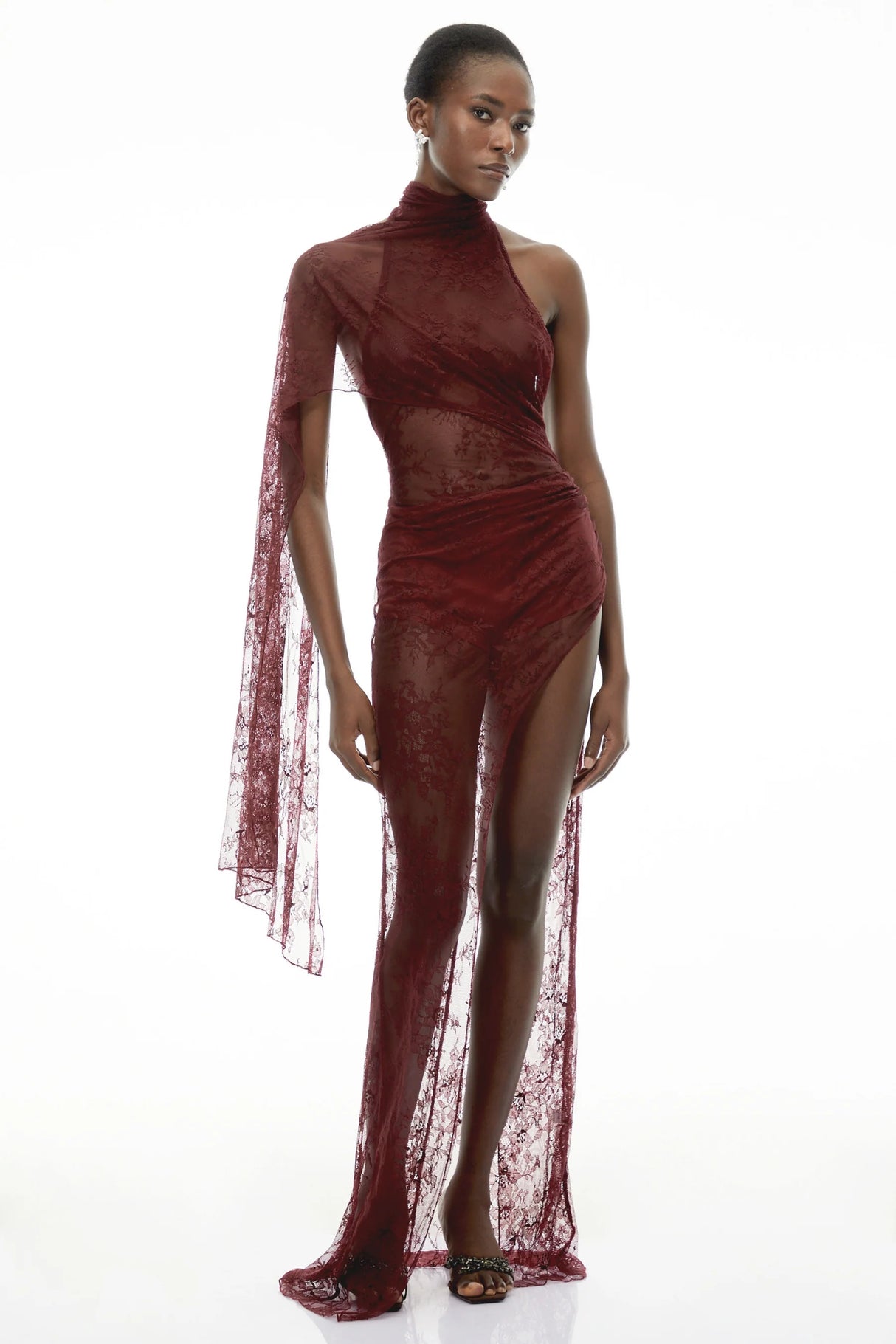 Arabella Burgundy High Neck Lace Maxi Dress