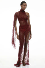 Arabella Burgundy High Neck Lace Maxi Dress
