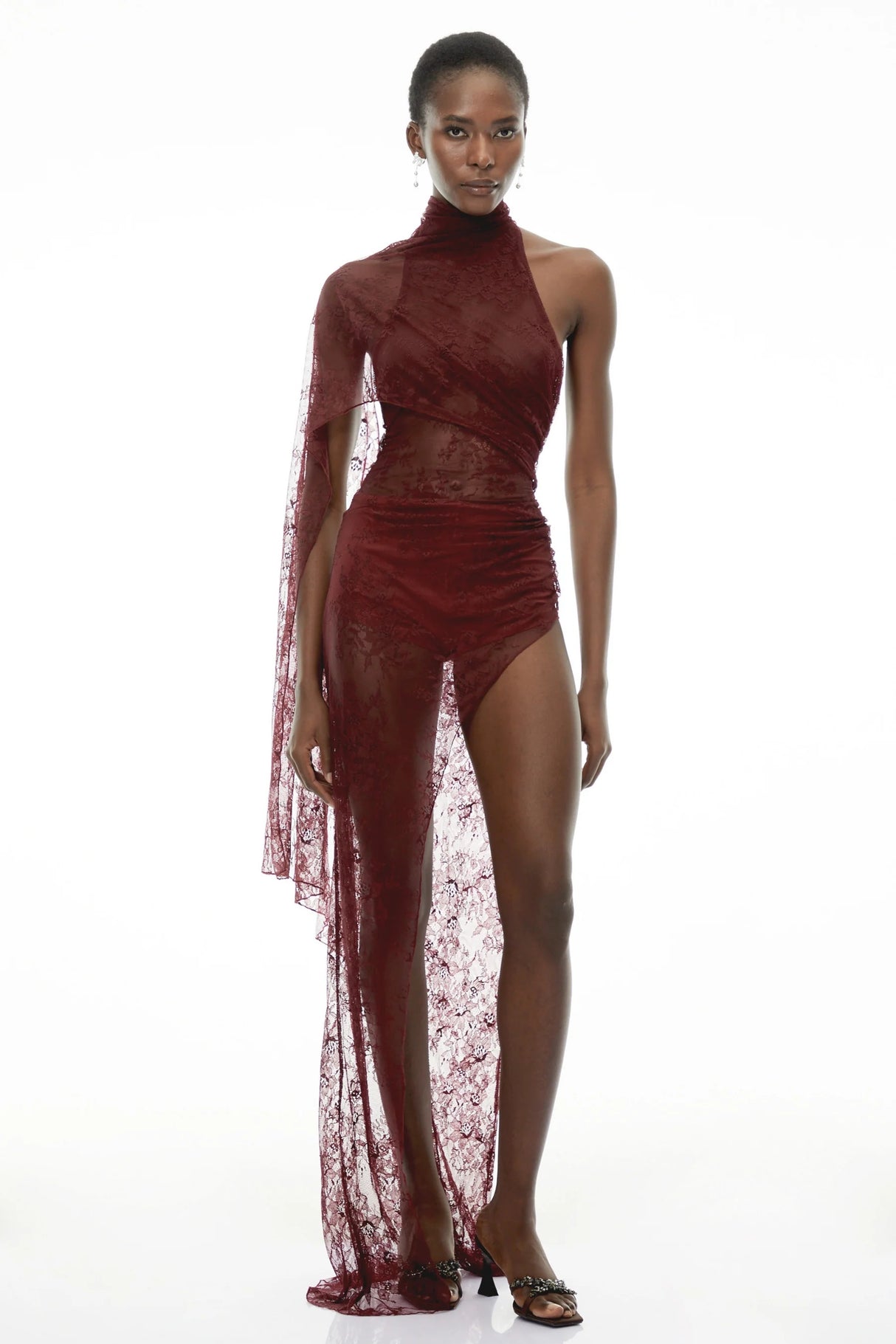 Arabella Burgundy High Neck Lace Maxi Dress