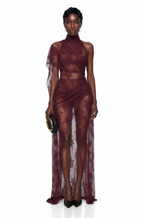 Arabella Burgundy High Neck Lace Maxi Dress