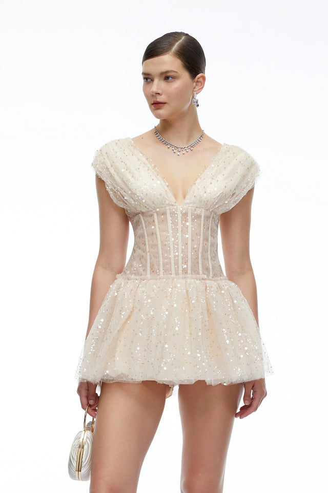 Arabella Neutral Sequin Mini Dress with Flutter Sleeves