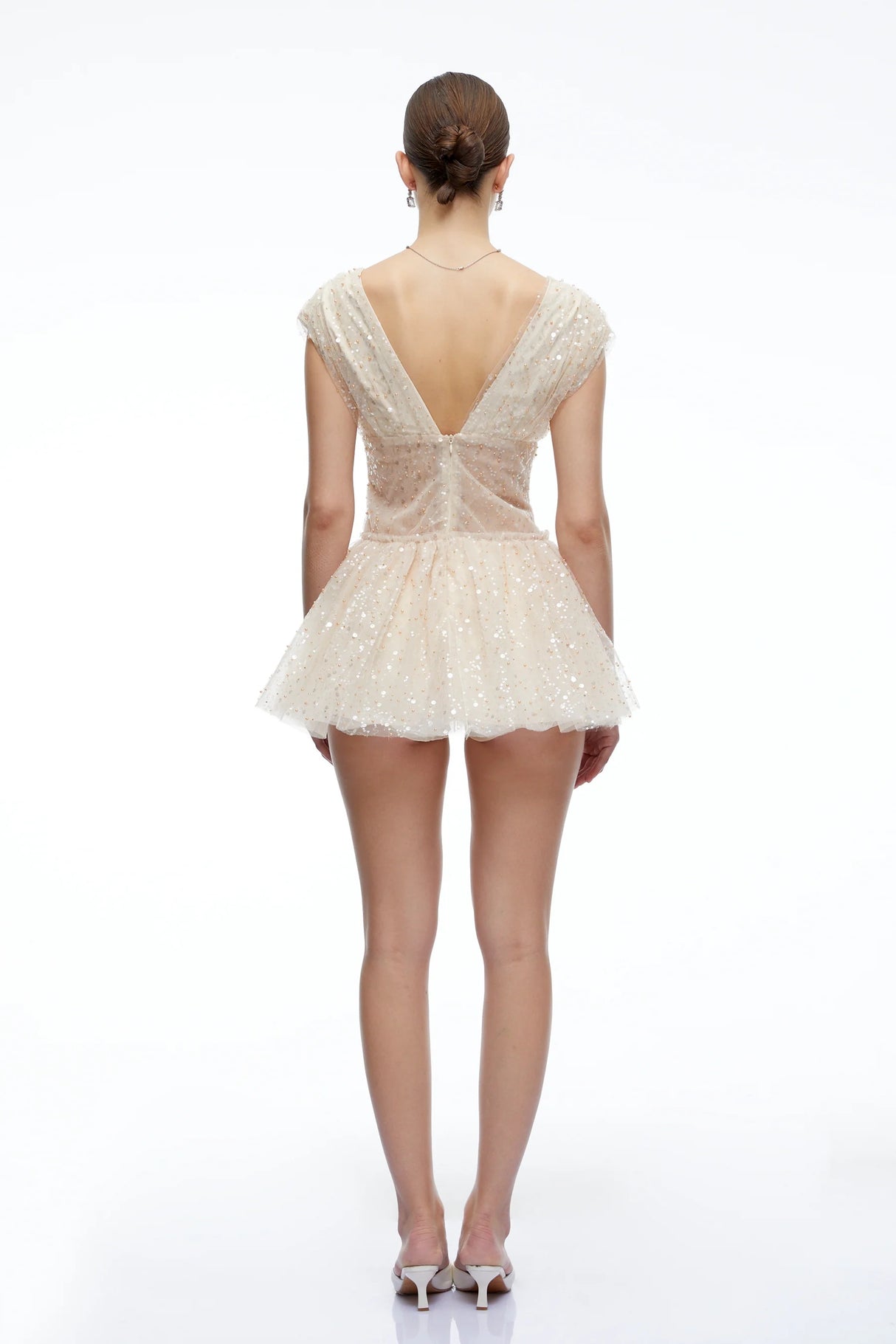 Arabella Neutral Sequin Mini Dress with Flutter Sleeves