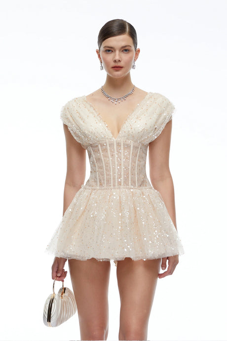Arabella Neutral Sequin Mini Dress with Flutter Sleeves