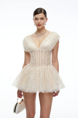 Arabella Neutral Sequin Mini Dress with Flutter Sleeves