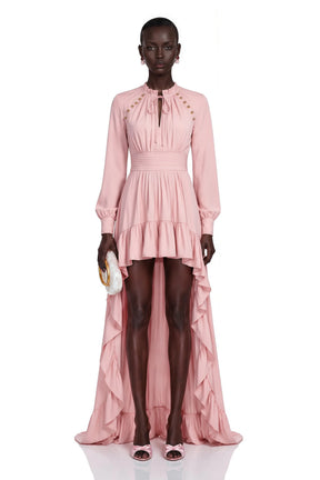 Arabella Pink Ruffled Asymmetrical Maxi Dress