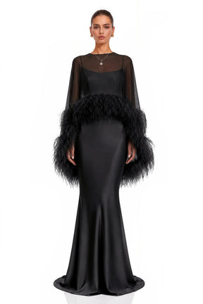 Araminta Black Maxi Dress  Shawl Set with Feather Trim