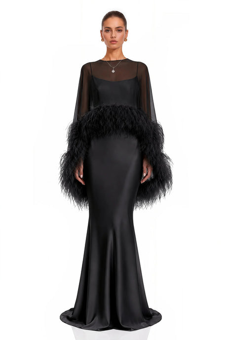 Araminta Black Maxi Dress  Shawl Set with Feather Trim