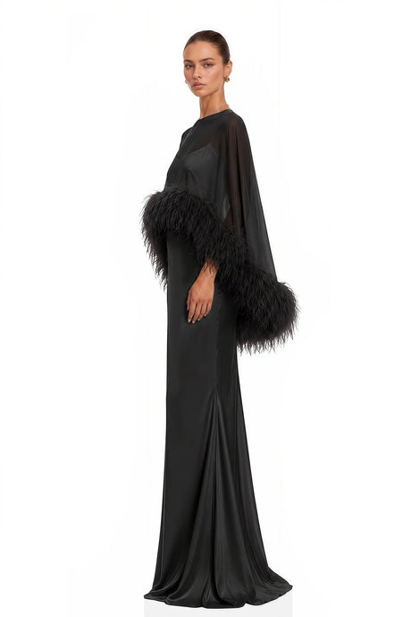 Araminta Black Maxi Dress  Shawl Set with Feather Trim