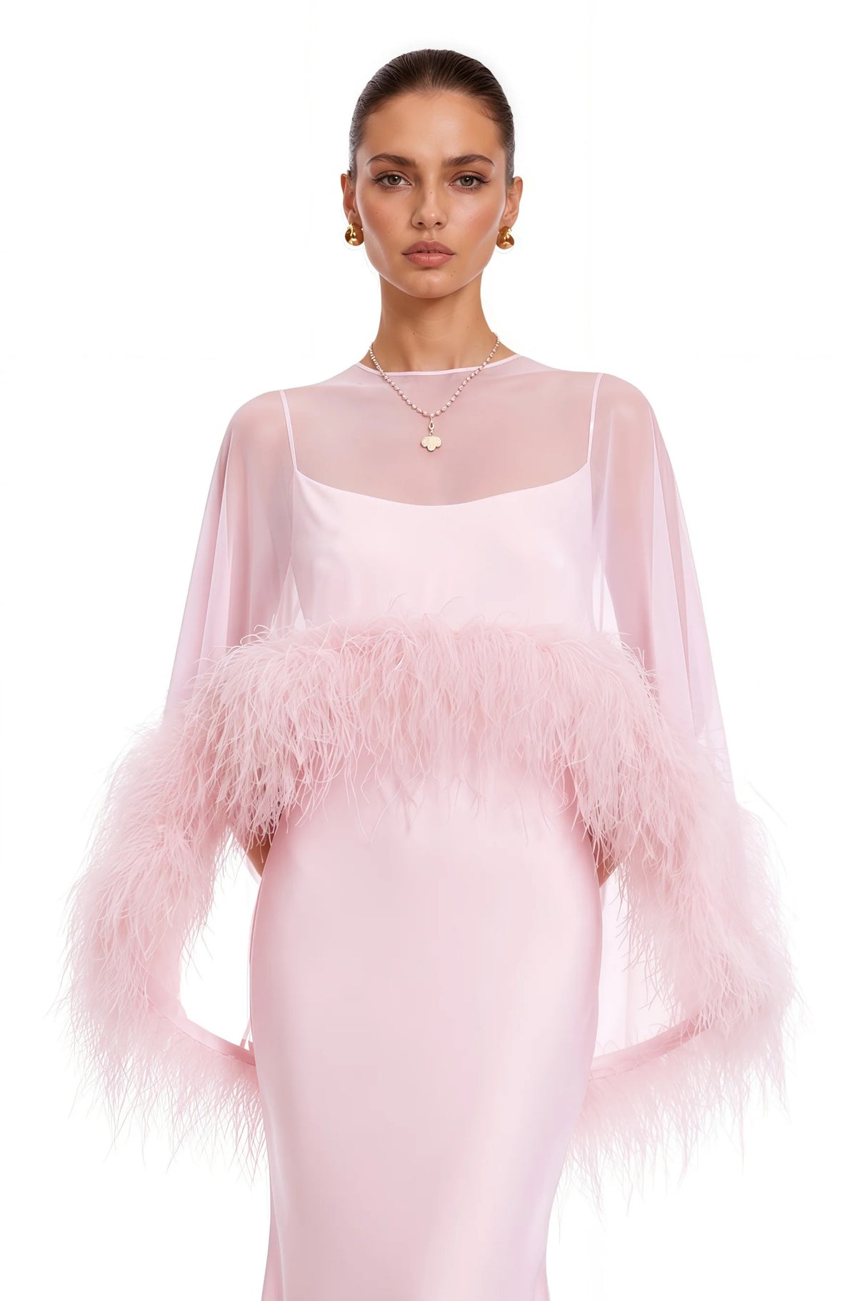 Araminta Pink Maxi Dress  Shawl Set with Feather Trim