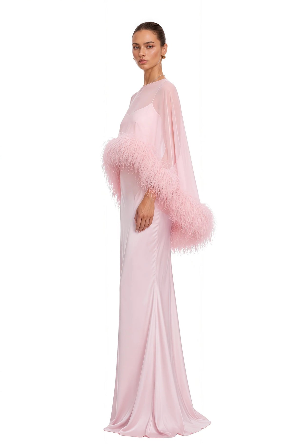 Araminta Pink Maxi Dress  Shawl Set with Feather Trim