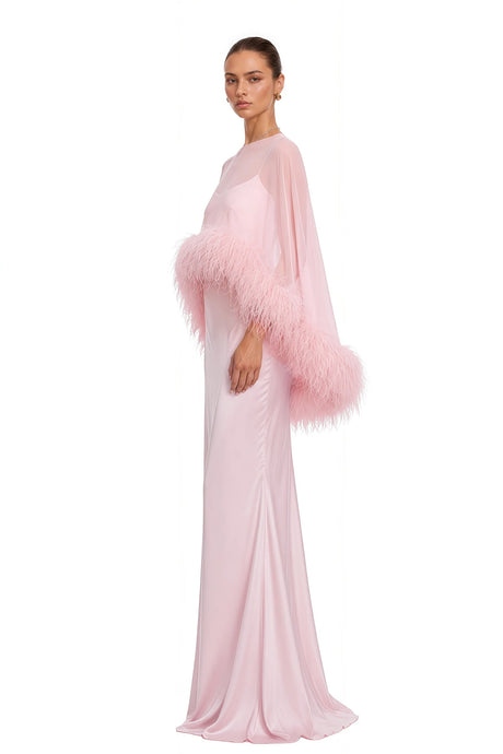 Araminta Pink Maxi Dress  Shawl Set with Feather Trim