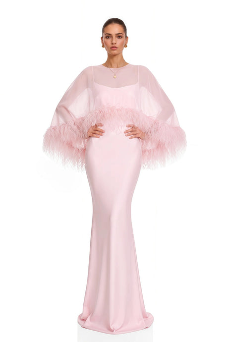 Araminta Pink Maxi Dress  Shawl Set with Feather Trim