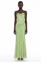 Arapuni Green Off Shoulder Rhinestone Maxi Dress