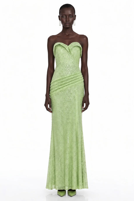 Arapuni Green Off Shoulder Rhinestone Maxi Dress