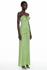 Arapuni Green Off Shoulder Rhinestone Maxi Dress