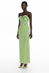 Arapuni Green Off Shoulder Rhinestone Maxi Dress