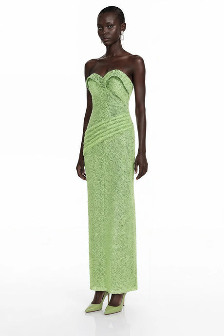 Arapuni Green Off Shoulder Rhinestone Maxi Dress