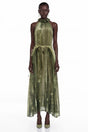Areta Green Pleated Maxi Dress with Feather Trim