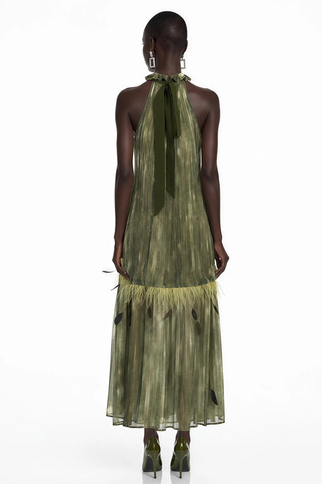 Areta Green Pleated Maxi Dress with Feather Trim