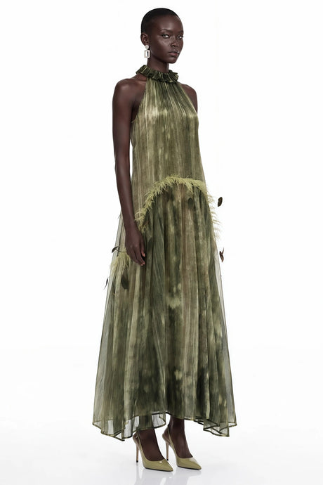 Areta Green Pleated Maxi Dress with Feather Trim