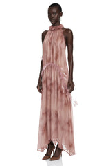 Areta Pink Pleated Maxi Dress with Feather Trim
