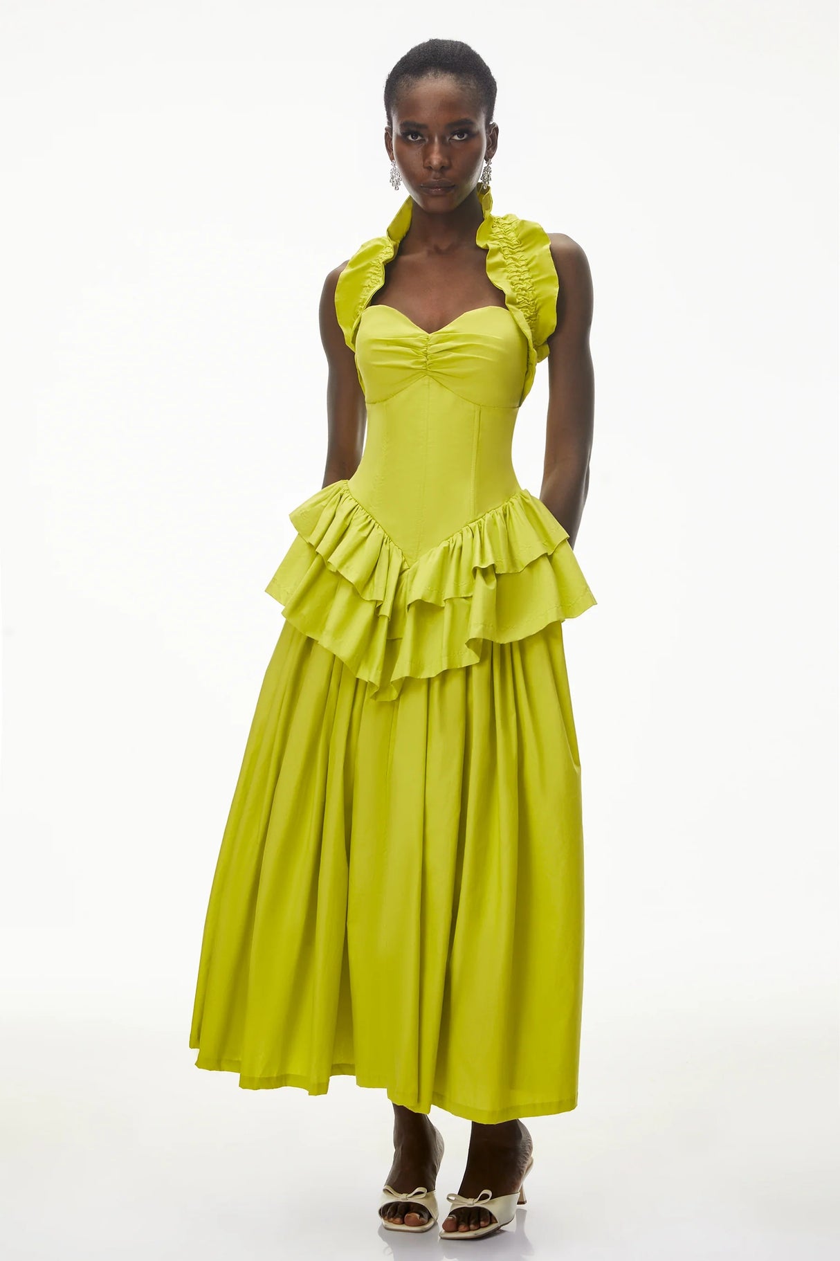 Arezoo Green Mock Neck Ruffled Midi Dress