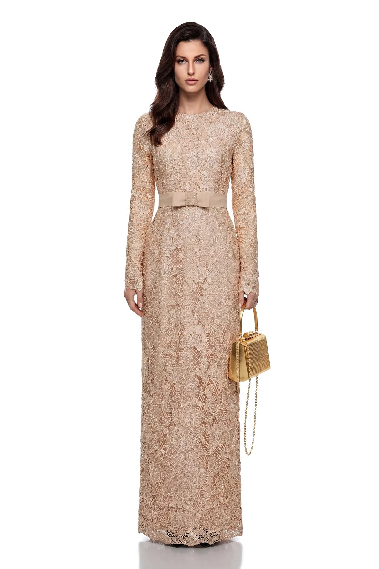 Aria Gold Belted Maxi Dress with Floral Lace Panels