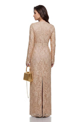 Aria Gold Belted Maxi Dress with Floral Lace Panels