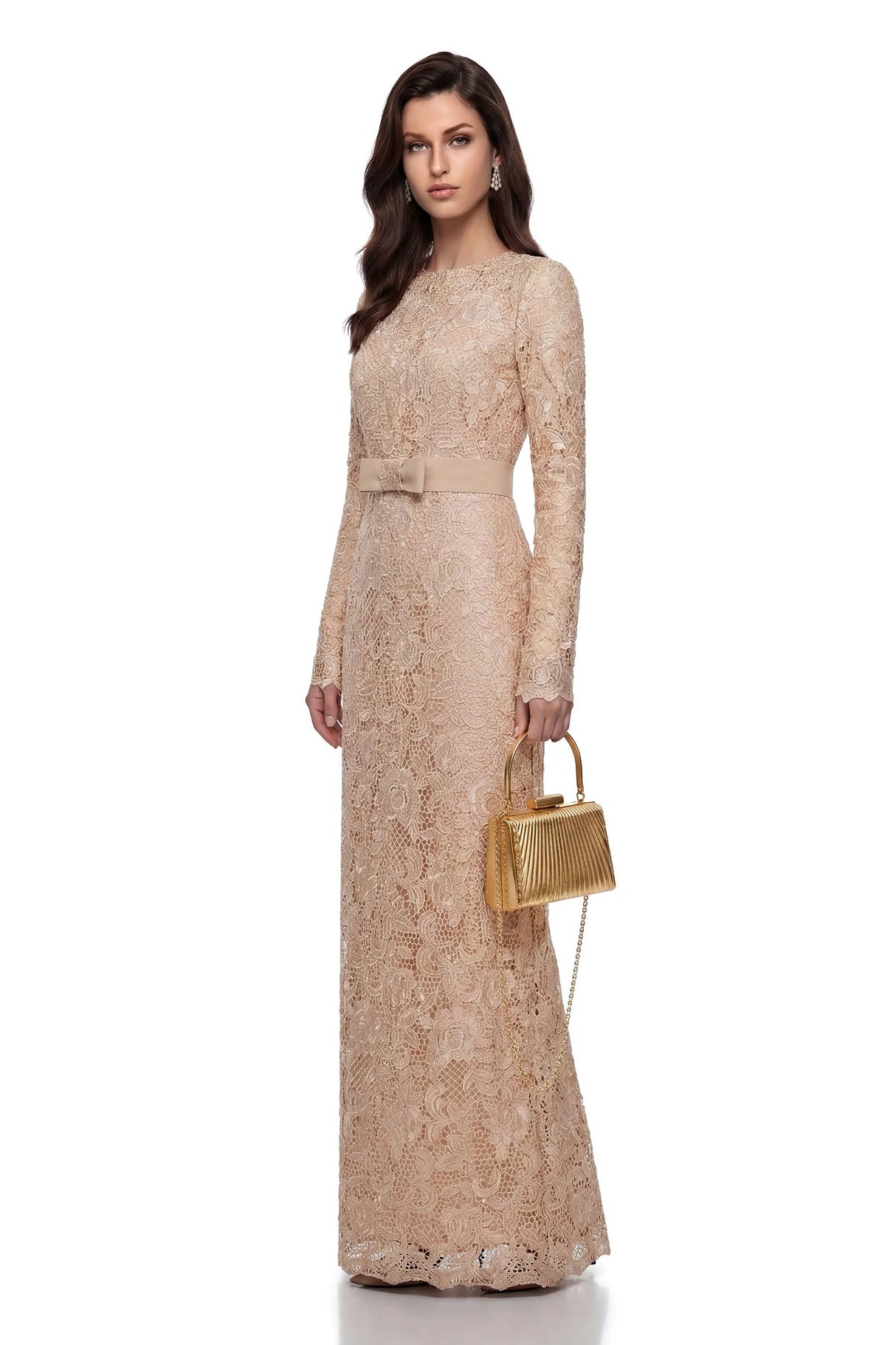 Aria Gold Belted Maxi Dress with Floral Lace Panels