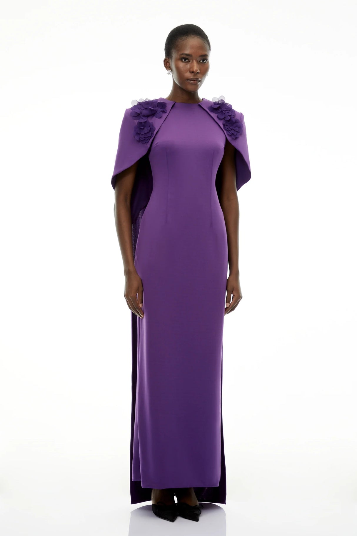 Aria Purple Cinched Maxi Dress with Cape and 3D Florals