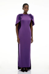 Aria Purple Cinched Maxi Dress with Cape and 3D Florals