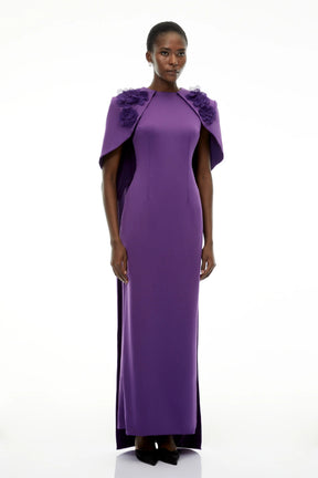 Aria Purple Cinched Maxi Dress with Cape and 3D Florals
