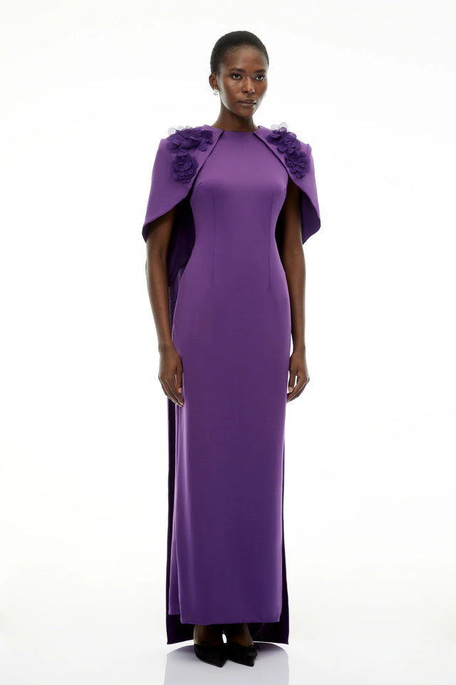 Aria Purple Cinched Maxi Dress with Cape and 3D Florals